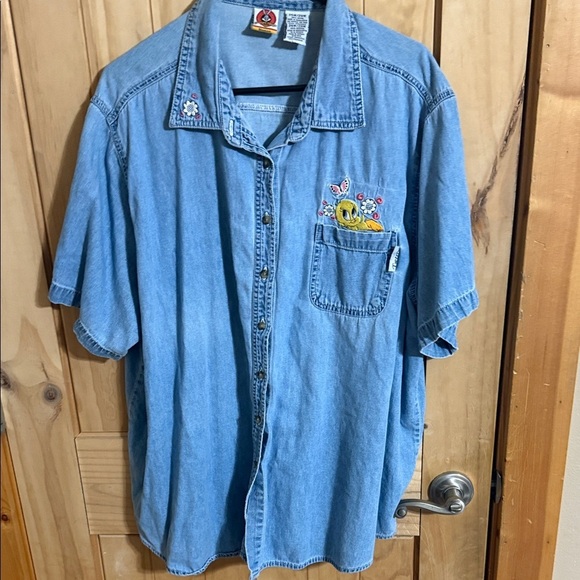 Warner Bros. Tops - Warner Bros. TWEETY Blue Denim Button Down Shirt with Embroidery